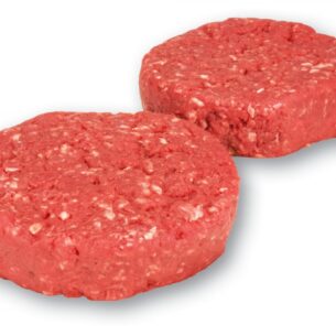 Two raw hamburger patties with visible fat marbling, placed on a white background