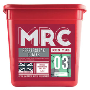 Red plastic tub labeled MRC Peppersteak Coater with British flag and 'Made in Britain' text, ideal for seasoning meats in butchery and foodservice applications