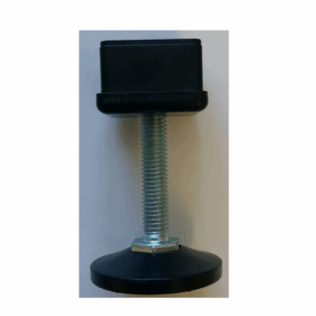 Adjustable table foot with 38x38mm base, featuring threaded metal rod and black plastic components ideal for leveling machinery, workstations, and food prep tables