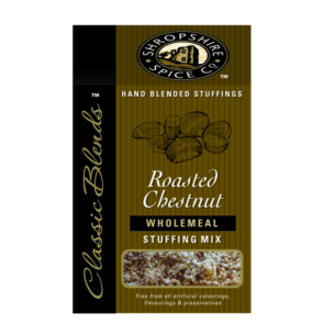 A package of Shropshire Spice Co. Roasted Chestnut Wholemeal Stuffing Mix, a finished food product that can be processed and packaged using equipment from Parkers Food Machinery Plus.