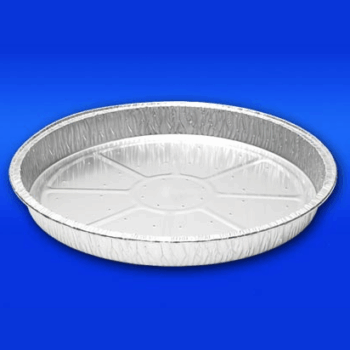 Disposable aluminum foil tray flan, 278mm diameter x 30mm deep, lanced for ventilation – ideal for baking pies and oven-ready meals, available from Parkers Food Machinery Plus