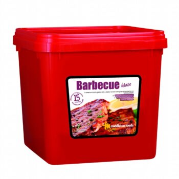 Middletons Barbecue Glaze in 10kg red tub with label showing sweet and spicy tomato-based coating – vegetarian-friendly glaze ideal for meat and poultry