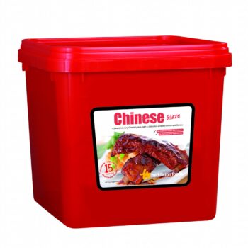 Middleton Foods Chinese Glaze in red 10kg tub with label showing glazed meat and description of sweet, savory caramel flavor—ideal for marinating meats in foodservice kitchens