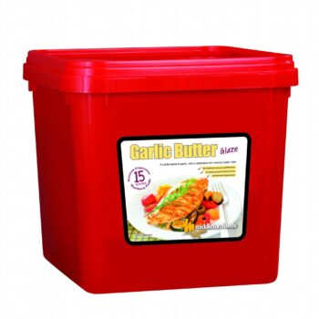 Middletons Garlic Butter Glaze in 10kg red tub with label showing creamy garlic-coated meat dish – rich, buttery blend ideal for poultry and meat, vegetarian-friendly