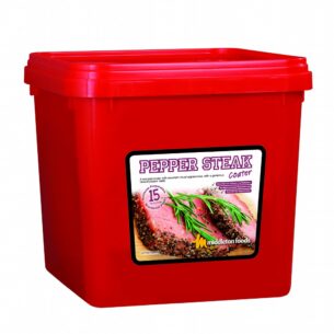 Middleton Foods Pepper Steak Coater in red 10kg tub with label showing seasoned steak and rosemary garnish