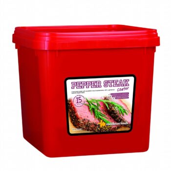 Middleton Foods Pepper Steak Coater in red 10kg tub with label showing seasoned steak and rosemary garnish