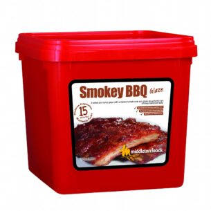 Middletons Smokey BBQ Glaze in 2.5kg red tub with label describing sweet and spicy tomato-based flavor – ideal for coating meat and poultry with rich barbecue taste