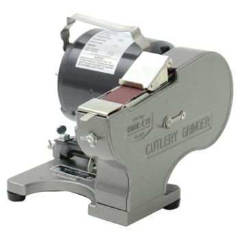 Hook-Eye Cutlery Grinder with motorized belt and angle guide, designed for sharpening knives and cutting tools in professional kitchens and butcher shops