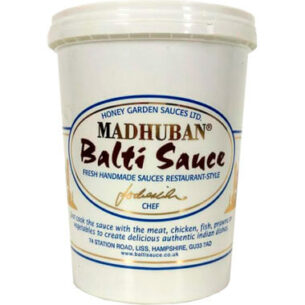 Madhuban Balti Sauce container by Honey Garden Sauces Ltd., labeled as fresh handmade restaurant-style Indian sauce for meat, chicken, fish, or vegetables
