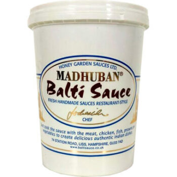 Madhuban Balti Sauce container by Honey Garden Sauces Ltd., labeled as fresh handmade restaurant-style Indian sauce for meat, chicken, fish, or vegetables