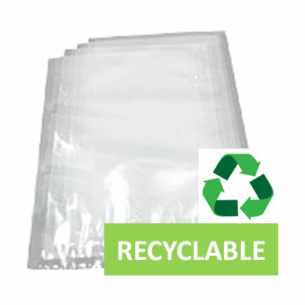 Recyclable vacuum bags 300mm x 400mm stacked with green recycling symbol. suitable for chamber vacuum packers, offering high barrier performance and sustainable packaging