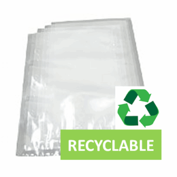 Recyclable vacuum bags 300mm x 400mm stacked with green recycling symbol. suitable for chamber vacuum packers, offering high barrier performance and sustainable packaging
