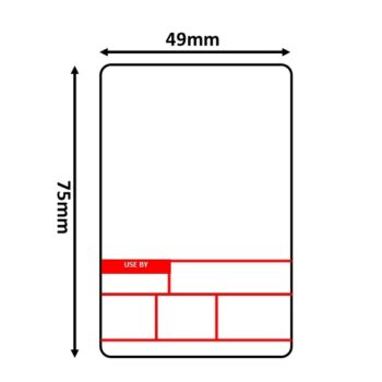 Diagram of a thermal scale label with a red and white format and 'USE BY' section, showing dimensions of 49x75mm, from Parkers Food Machinery Plus.