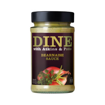 DINE with Atkins & Potts Bearnaise Sauce made with British free-range eggs, featuring black lid and label with herbs and shallots