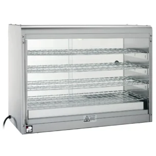 Parry stainless steel pie cabinet with three tiers and glass display, a commercial food warmer supplied by Parkers Food Machinery Plus.