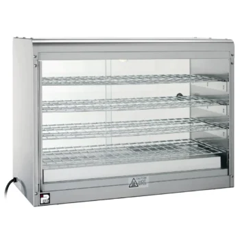 Parry stainless steel pie cabinet with three tiers and glass display, a commercial food warmer supplied by Parkers Food Machinery Plus.