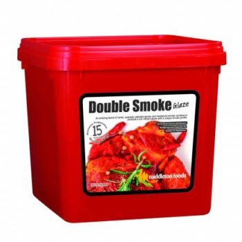 Middleton Foods Double Smoke Glaze in 2.5kg red tub with label showing glazed meat blend of herbs, spices, smoke, and onion for chicken, pork, and beef