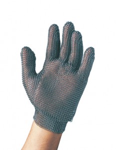 Protective stainless steel chain mail glove designed for butchers and food processing safety, providing cut-resistant hand protection at PFM Plus.