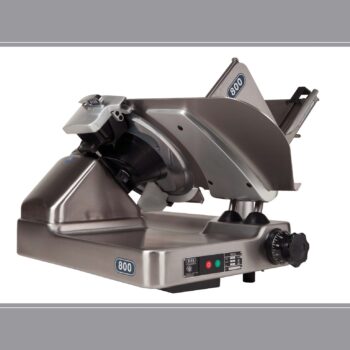 A stainless steel Deko 800SL food slicer, available from Parkers Food Machinery Plus.