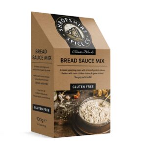 Shropshire Spice Co. Gluten Free Bread Sauce Mix in 100g Classic Blends box – traditional spooning sauce with garlic and cloves, perfect for roast chicken, turkey, and game dishes, vegetarian-friendly
