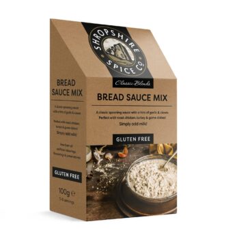 Shropshire Spice Co. Gluten Free Bread Sauce Mix in 100g Classic Blends box – traditional spooning sauce with garlic and cloves, perfect for roast chicken, turkey, and game dishes, vegetarian-friendly