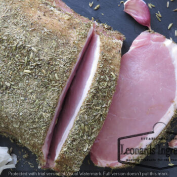 Leonards Gourmet Rub Porchetta 1.5kg applied to cured pork loin with fennel seeds, rosemary, and garlic – aromatic blend ideal for enhancing traditional Italian-style roasts