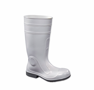 White wellington boot with steel toe cap and non-slip sole, providing durable safety footwear for food industry and butchery environments at PFM Plus.