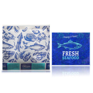 Two styles of fresh seafood bags: one a white gum-seal bag with blue illustrations of fish and shellfish, and the other a blue bag that reads 'FRESH SEAFOOD'.