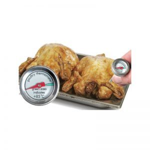 Mini poultry thermometer clearly marked at 85°C, shown in use with roasted chicken to ensure safe cooking temperatures, available at PFM Plus.