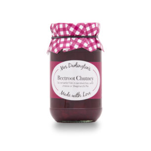 Mrs Darlington's Beetroot Chutney in a glass jar with maroon label and pink checkered cloth lid, homemade-style preserve ideal for sandwiches, cheese boards, and Shepherd’s Pie