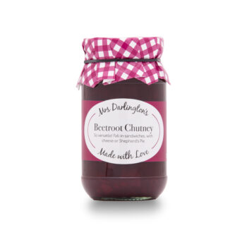 Mrs Darlington's Beetroot Chutney in a glass jar with maroon label and pink checkered cloth lid, homemade-style preserve ideal for sandwiches, cheese boards, and Shepherd’s Pie