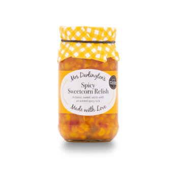 A clear image of a jar of Mrs. Darlington's Spicy Sweetcorn Relish, a gourmet food product available from Parkers Food Machinery Plus.