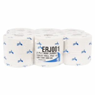 Pack of nine ERJ001 jumbo 2-ply toilet rolls with blue printed pattern, 200-meter length, made from 100% virgin material—ideal for bulk commercial use