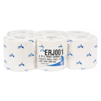Pack of nine ERJ001 jumbo 2-ply toilet rolls with blue printed pattern, 200-meter length, made from 100% virgin material—ideal for bulk commercial use