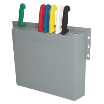 Wall-mounted knife holder model D718 with five color-coded knives. Ideal for organized storage and cross-contamination prevention in professional kitchens