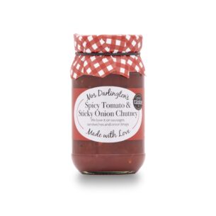 Jar of Mrs Darlington's Spicy Tomato & Sticky Onion Chutney with red checkered lid and artisan-style label ideal for sausages, sandwiches, and onion bhajis