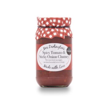 Jar of Mrs Darlington's Spicy Tomato & Sticky Onion Chutney with red checkered lid and artisan-style label ideal for sausages, sandwiches, and onion bhajis