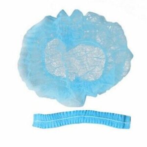 Blue metal detectable hair net mob caps supplied in packs of 100, designed for hygiene and safety in food preparation and processing areas at PFM Plus.