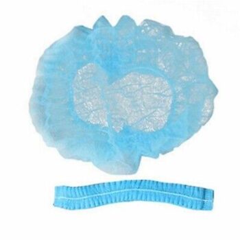 Blue metal detectable hair net mob caps supplied in packs of 100, designed for hygiene and safety in food preparation and processing areas at PFM Plus.