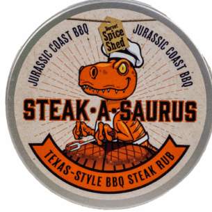 A tin of Dorset Spice Shed Steak-A-Saurus Texas-style BBQ steak rub, available from Parkers Food Machinery Plus.