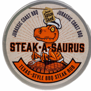 A tin of Dorset Spice Shed Steak-A-Saurus Texas-style BBQ steak rub, available from Parkers Food Machinery Plus.