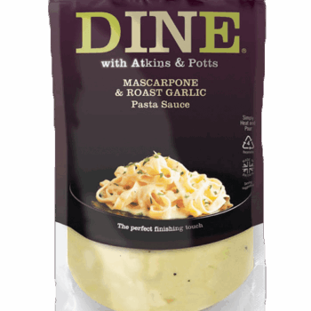 DINE by Atkins & Potts Mascarpone and Roast Garlic Pasta Sauce in 350g pouch – gourmet vegetarian-friendly sauce made with mascarpone cheese, roast garlic, and white wine, perfect for pasta, chicken, or seafood