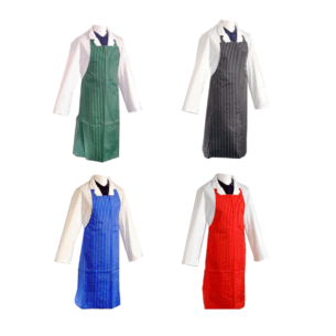 Butchers nylon twin stripe aprons in green, black, blue, and red, 100cm length, durable and easy to clean for professional use at PFM Plus.