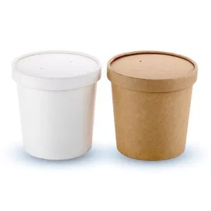 Eco-friendly paper food containers with secure lids in white and kraft brown, perfect for soups, desserts, and takeaway meals.