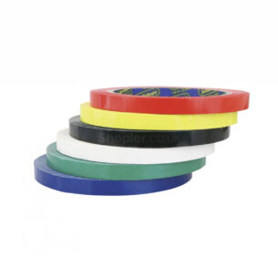 Stack of six bag tape per roll in red, yellow, black, white, green, and blue, arranged on white background