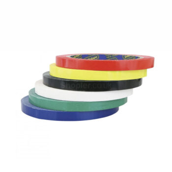 Stack of six bag tape per roll in red, yellow, black, white, green, and blue, arranged on white background