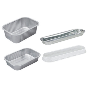 Assorted aluminum foil containers in various shapes and sizes, including rectangular and elongated designs