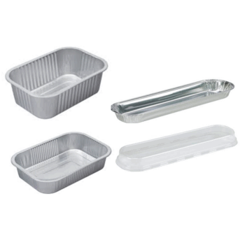 Assorted aluminum foil containers in various shapes and sizes, including rectangular and elongated designs