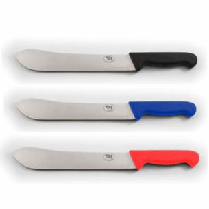 Set of three butcher knives with stainless steel blades and colour-coded ergonomic handles in black, blue, and red for professional meat cutting at PFM Plus.