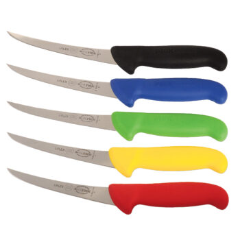 Set of five professional boning knives with colour-coded ergonomic handles and stainless steel blades, ideal for butchers and food preparation.